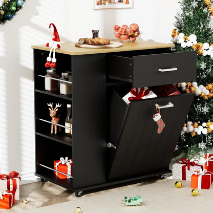 Rolling Kitchen Island with Trash Can Storage, Portable Cart on Wheels, Towel & Spice Rack, Black