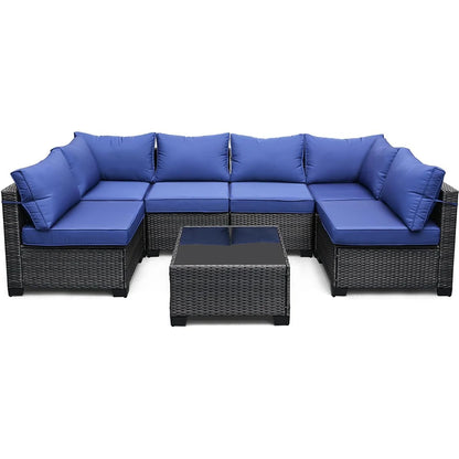 7-Piece PE Rattan Sectional Patio Set, Wicker Outdoor Sofa With Cushions & Glass Coffee Table