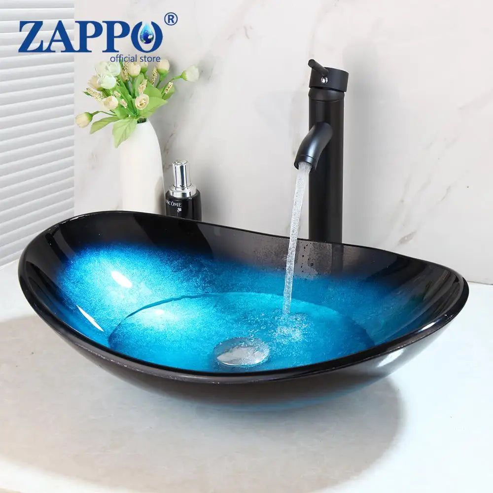 Tempered Above Counter Basin Glass Sink with Waterfall Faucet Tap
