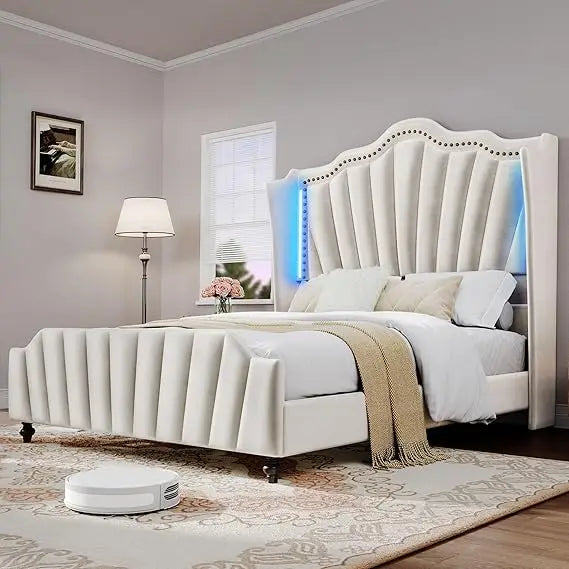 Queen Size Platform Bed Frame with 60" Tall Wingback Headboard and Footboard, Velvet Upholstered Bed with LED Light,