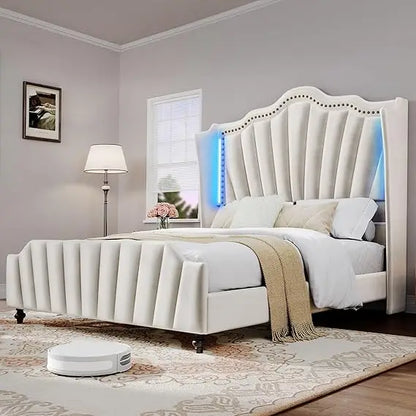Queen Size Platform Bed Frame with 60" Tall Wingback Headboard and Footboard, Velvet Upholstered Bed with LED Light,