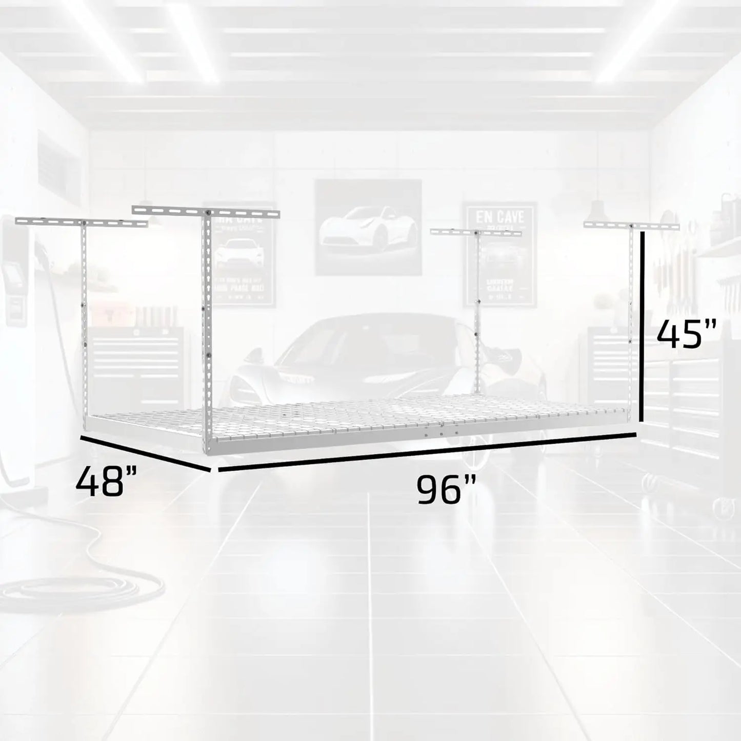 Overhead Garage Storage Rack - 4 x 8 Ceiling Shelving, Adjustable Hanging Racks, Color: White