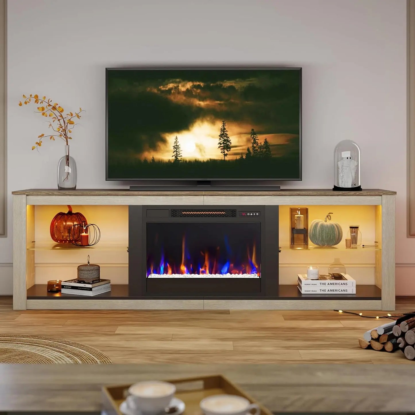 Fireplace TV Stand for 75 inch TV with 23 inch Electric Fireplace, 70 inch Entertainment Center  with LED Light