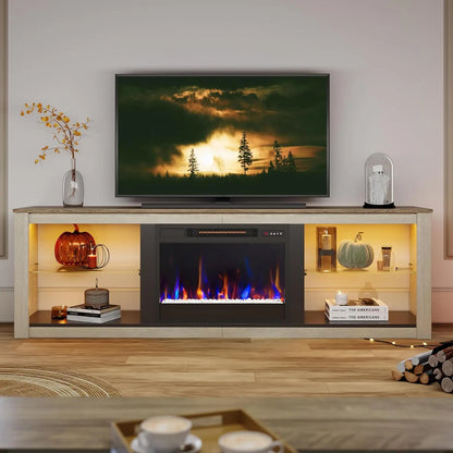 Fireplace TV Stand for 75 inch TV with 23 inch Electric Fireplace, 70 inch Entertainment Center  with LED Light