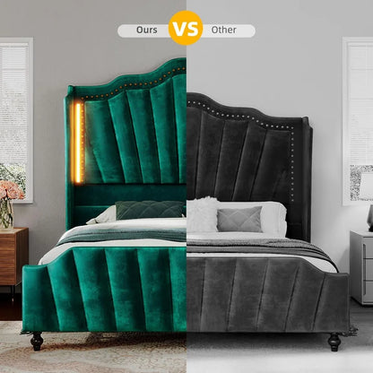 Queen Size Platform Bed Frame with 60" Tall Wingback Headboard and Footboard, Velvet Upholstered Bed with LED Light,
