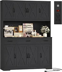 71" Tall Kitchen Pantry Storage Cabinet with Charging Station, 55" Wide Kitchen Hutch  , Farmhouse style