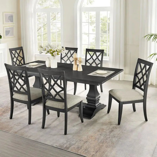 Extendable 7-Piece Retro Wooden Dining Set for 6, Curved Table & Upholstered Chairs