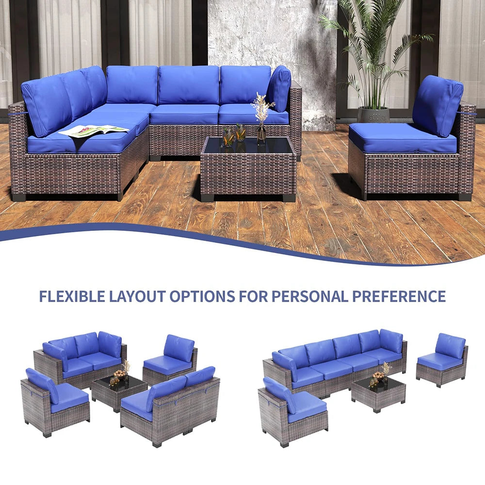 7-Piece PE Rattan Sectional Patio Set, Wicker Outdoor Sofa With Cushions & Glass Coffee Table