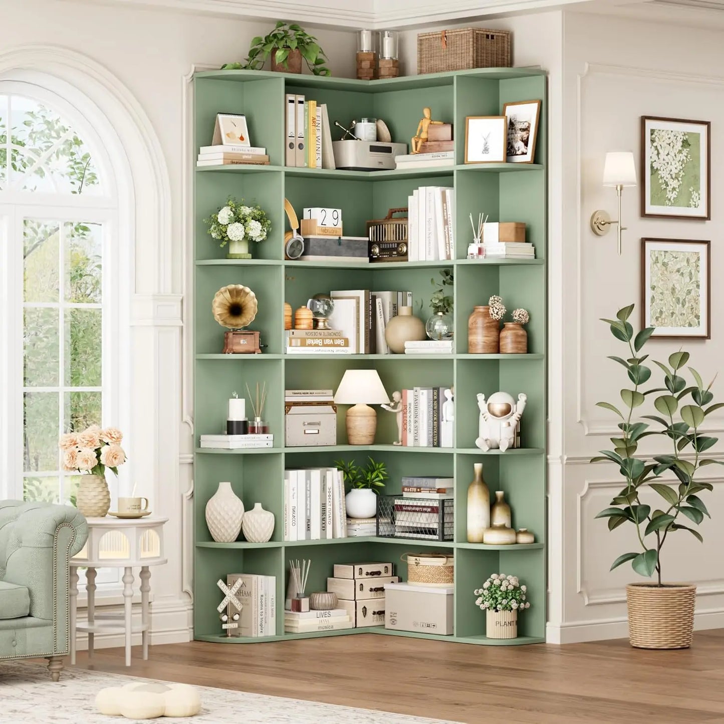 74” Tall Corner Bookshelf, 6-Tier with Open Storage, L Shaped Tall Bookcases Wooden Storage, Customized
