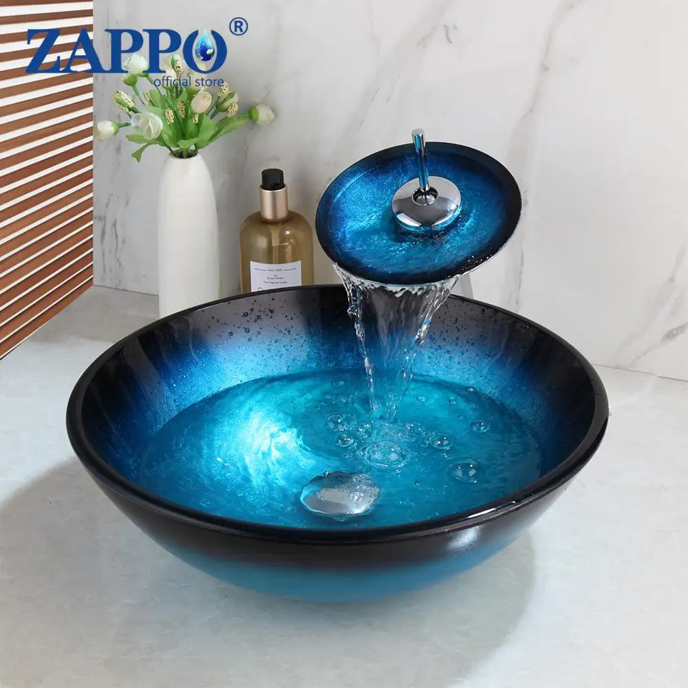 Tempered Above Counter Basin Glass Sink with Waterfall Faucet Tap