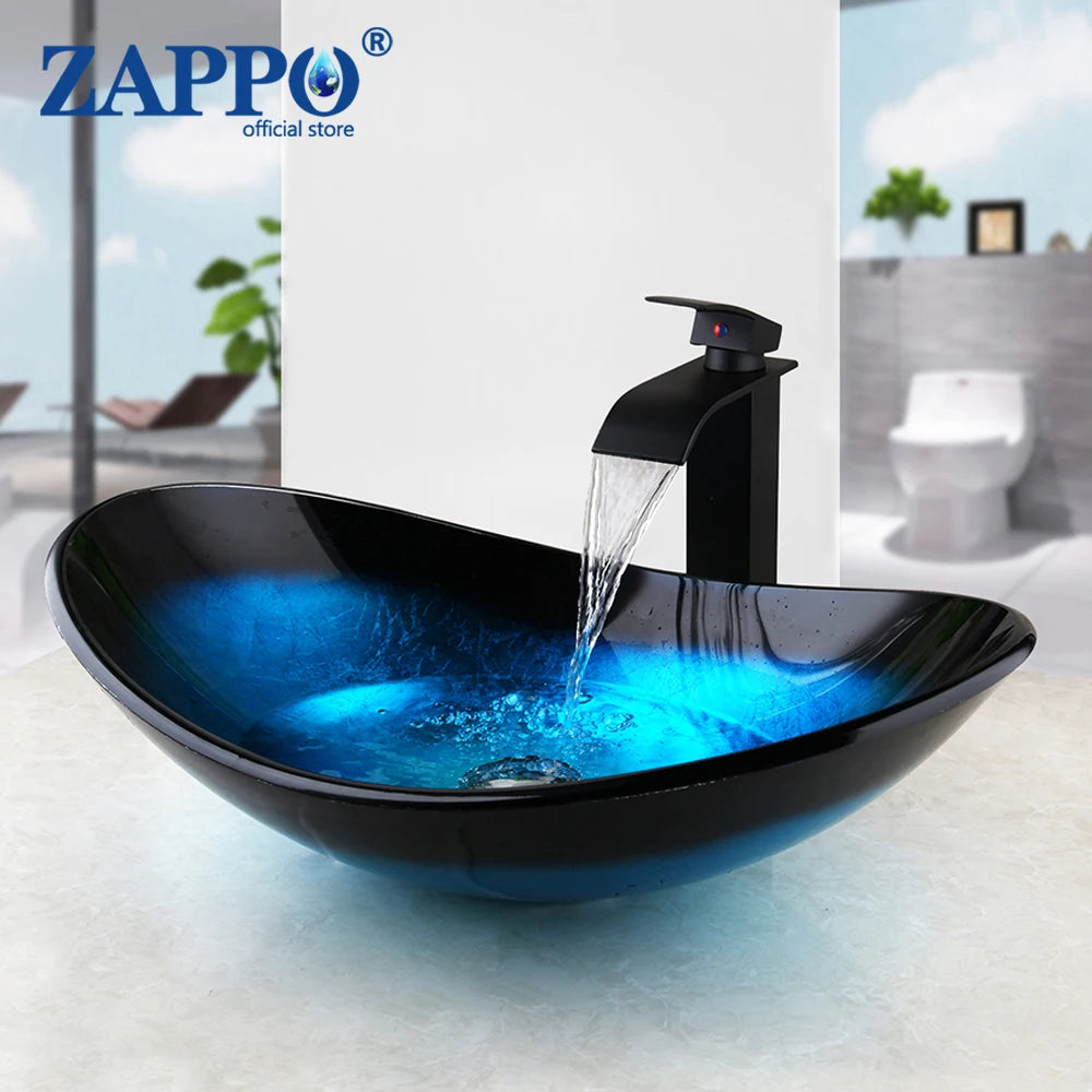 Tempered Above Counter Basin Glass Sink with Waterfall Faucet Tap