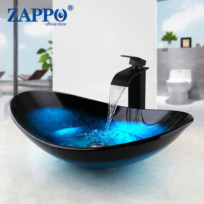 Tempered Above Counter Basin Glass Sink with Waterfall Faucet Tap