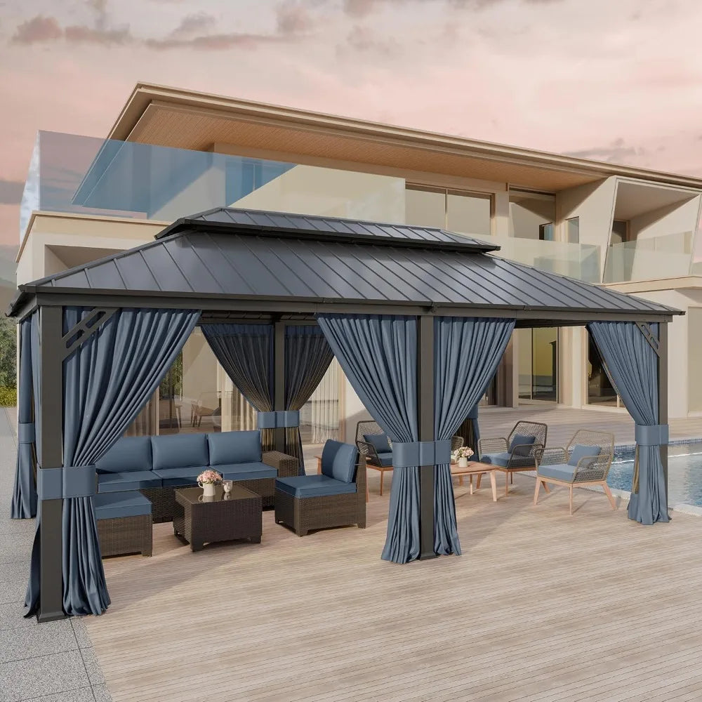 Metal Gazebo with Double Roof and Galvanized Steel, Outdoor Canopy with Curtains and Netting