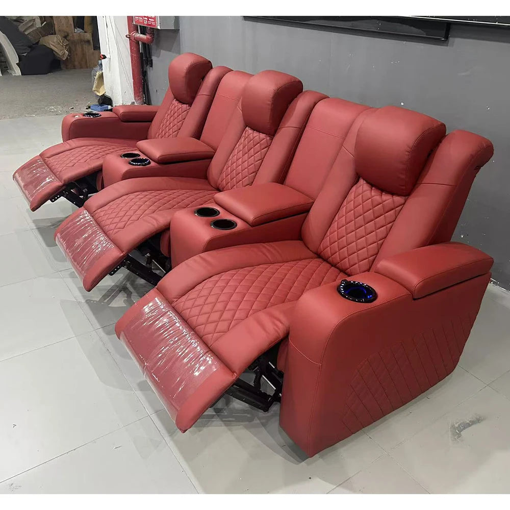 Luxury 3-Seat Recliner Sofa with Cup Holders, Leather Home Theater Seating, Cinema Recliner Couch with Center Console