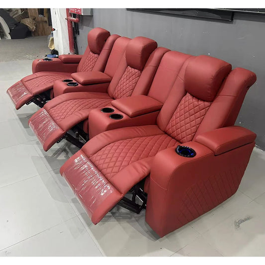 Luxury 3-Seat Recliner Sofa with Cup Holders, Leather Home Theater Seating, Cinema Recliner Couch with Center Console