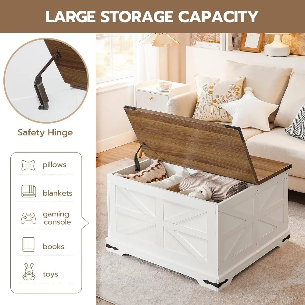Large, Square, White, Farmhouse Coffee Table with Lift-Top Storage