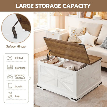 Large, Square, White, Farmhouse Coffee Table with Lift-Top Storage