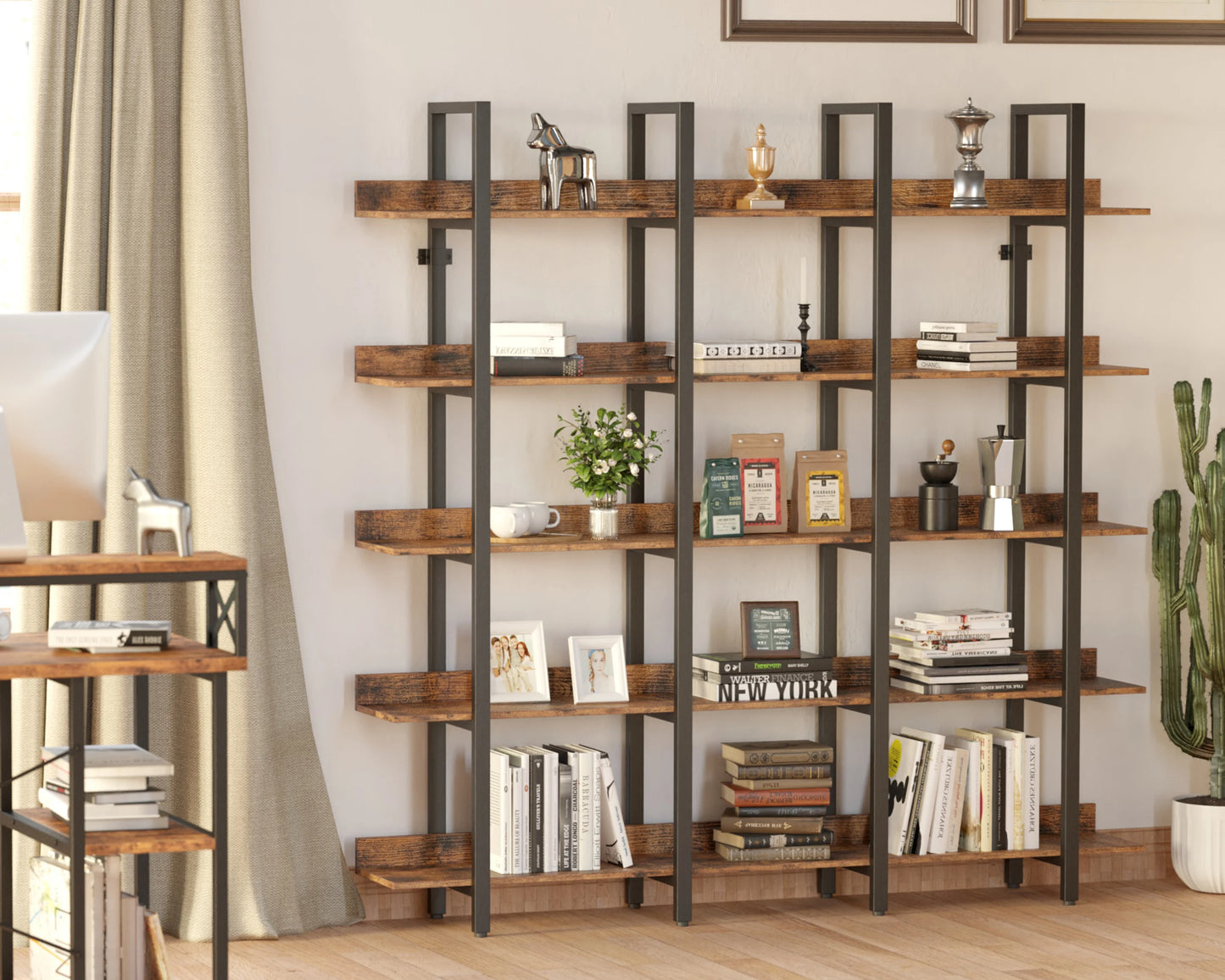 Bookcase and Bookshelves Triple Wide 6-Tiers Large Open Shelves