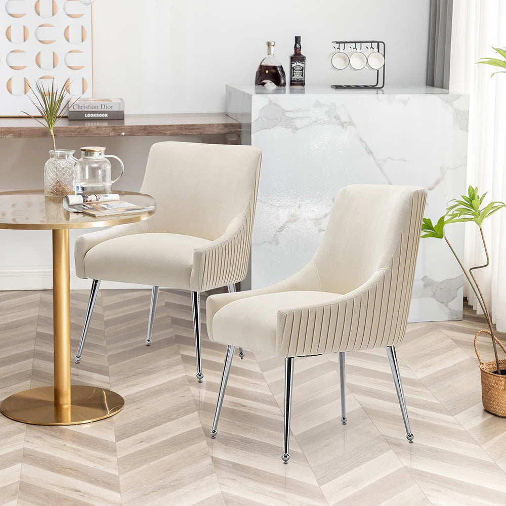 Modern Velvet Pleated Finish Back Dining Chair Set of 6 with Rear Handle