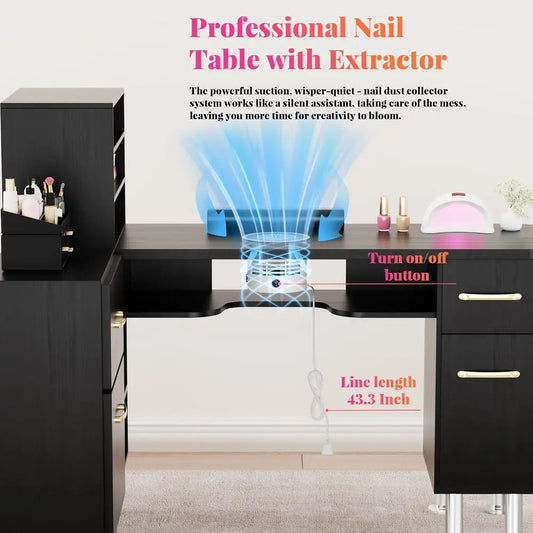L-Shaped Manicure Desk with Dust Collection, Storage, and Wrist Rest - Black Nail Technician Workstation