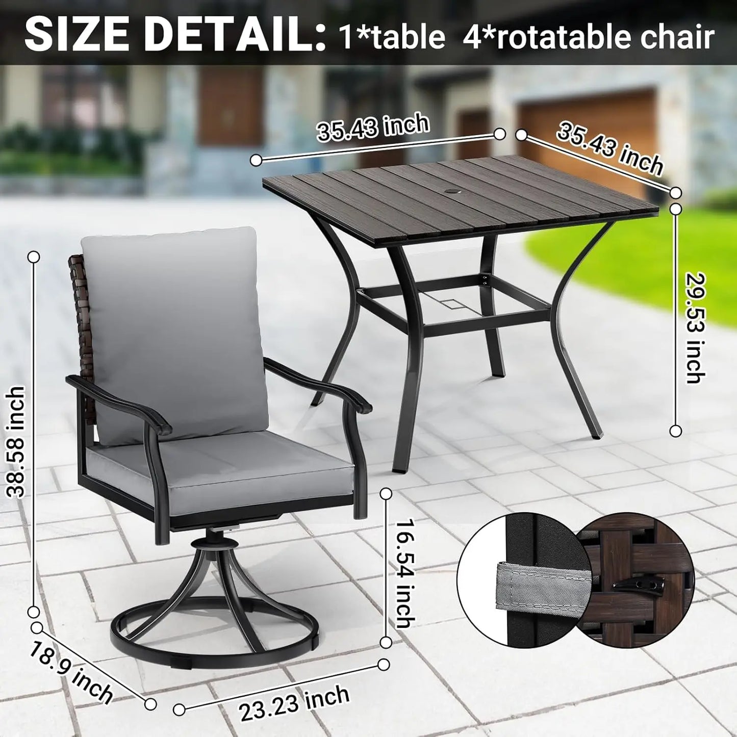 5 Piece,  4 Swivel Dining Chairs & 1 Large Dining Table ,Bistro Furniture Set