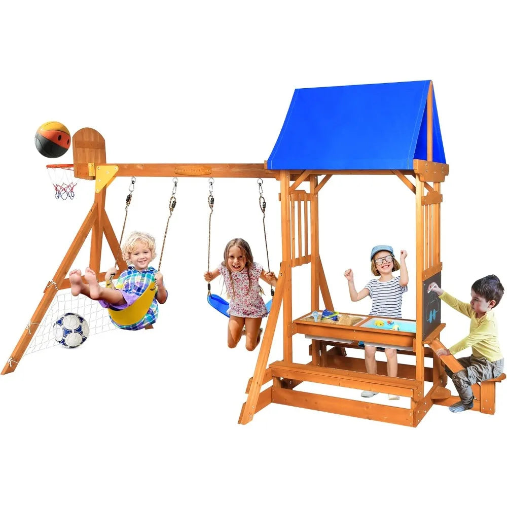 6-in-1 Wooden Playground Playsets for Backyards, Outdoor Swing Sets Ages 3-6, Little Playground Set with Picnic Table