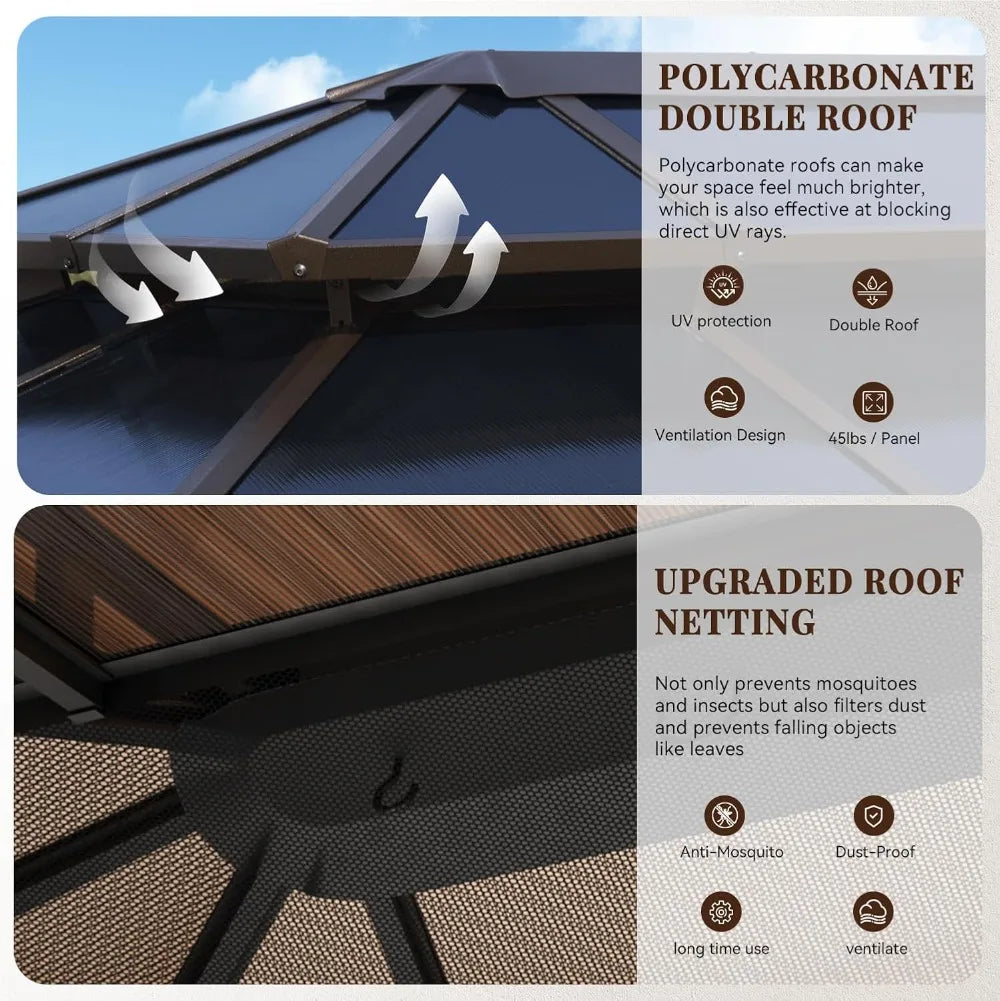 10x12ft Hardtop Gazebo with Double Roof, Aluminum Frame, Netting & Curtains - Outdoor Pavilion for Patio Garden