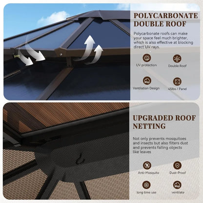 10x12ft Hardtop Gazebo with Double Roof, Aluminum Frame, Netting & Curtains - Outdoor Pavilion for Patio Garden