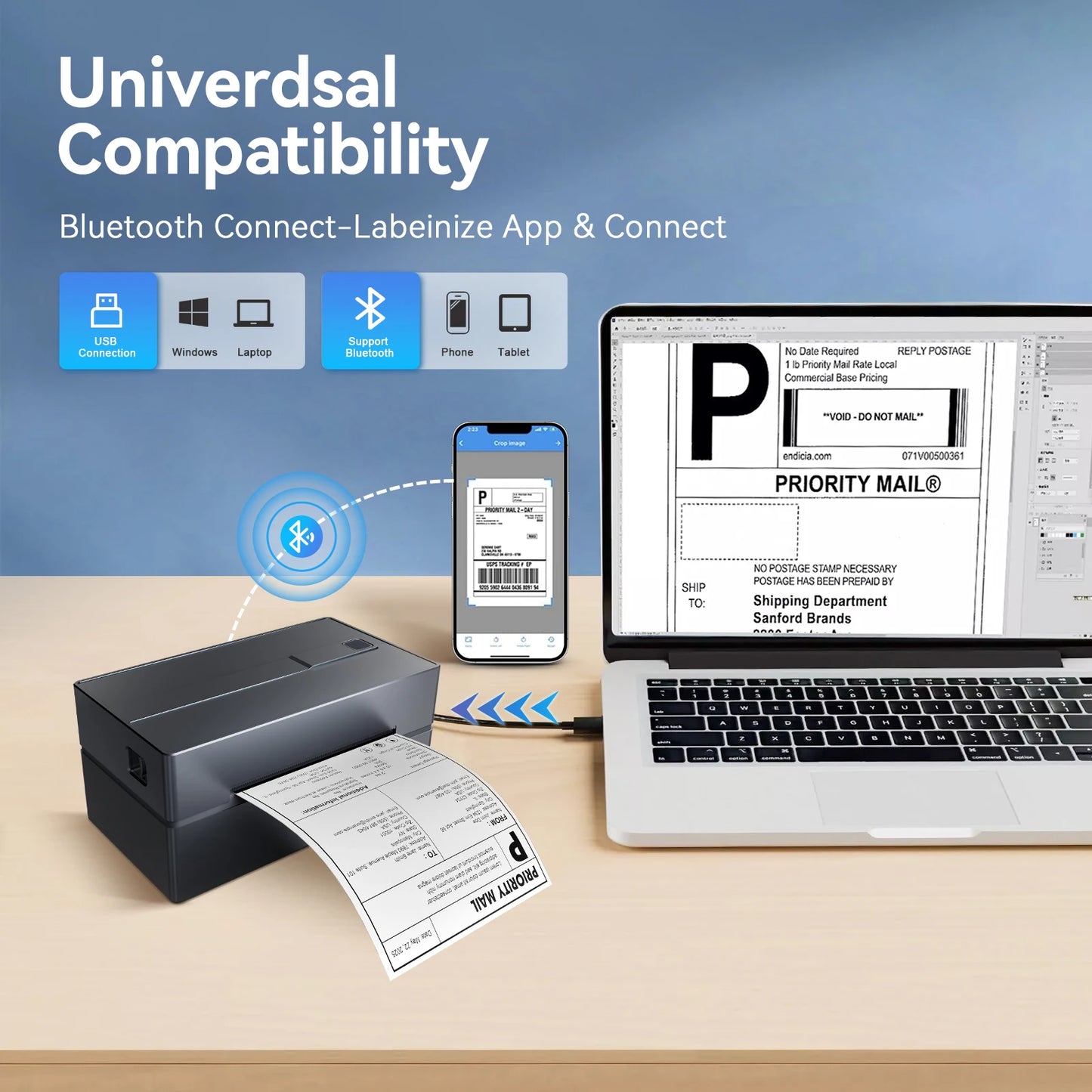 Thermal Label Printer, Portable, No Ink, WiFi, Bluetooth, USB