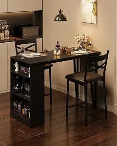 3 Piece Bar Table Set for 2, Bar Table and Chairs Set with  Flip Top Extension, Dining Table Set with Storage Shelves