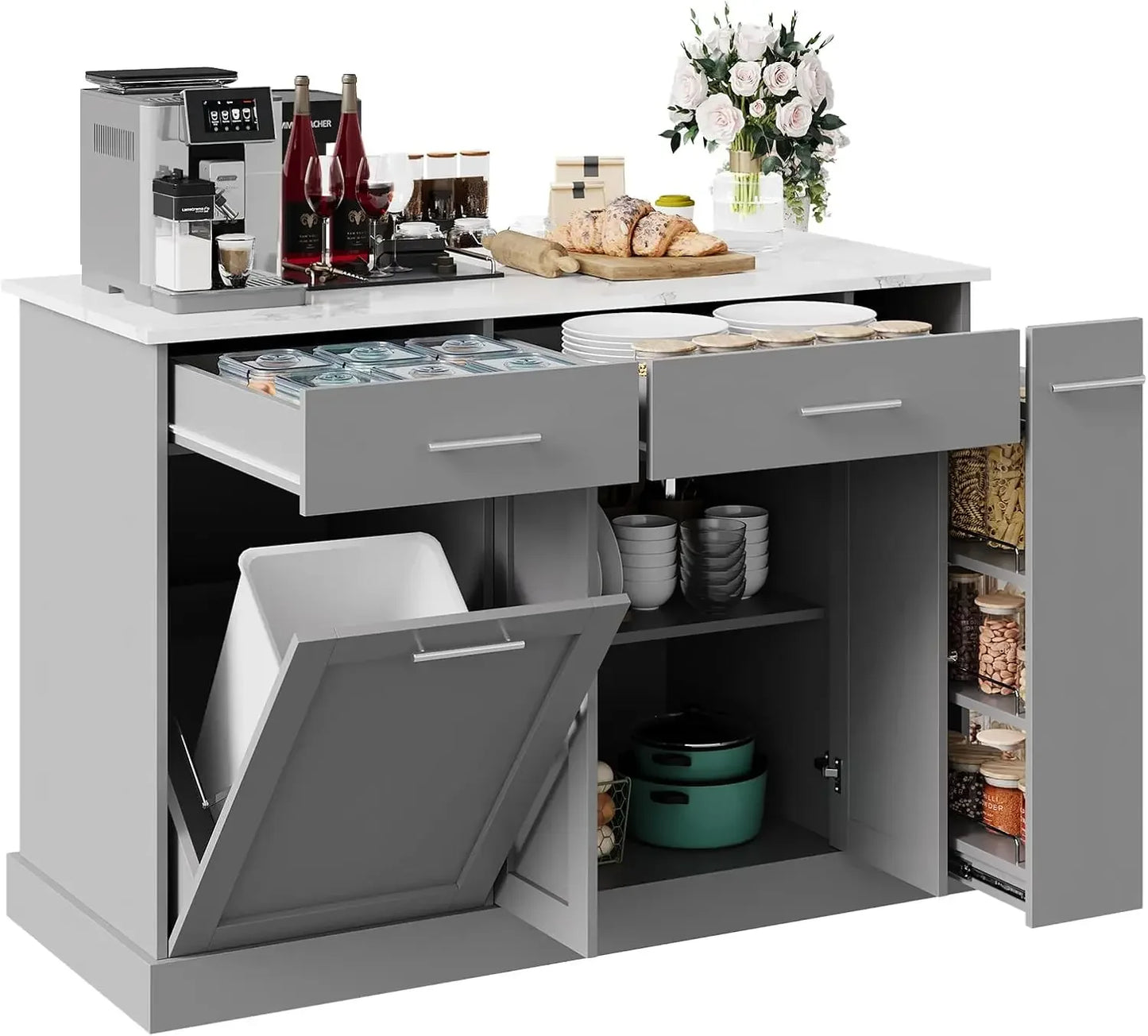 Kitchen Island with Trash Can Storage, 52" Kitchen Rolling Island with Marble Countertop & Pull Out Spice Rack
