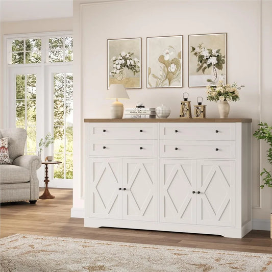 Exquisite 55 Coffee Bar with 4 Large Drawers, 40 Tall Buffet Cabinet with Storage, Kitchen Storage Cabinet, Farmhouse