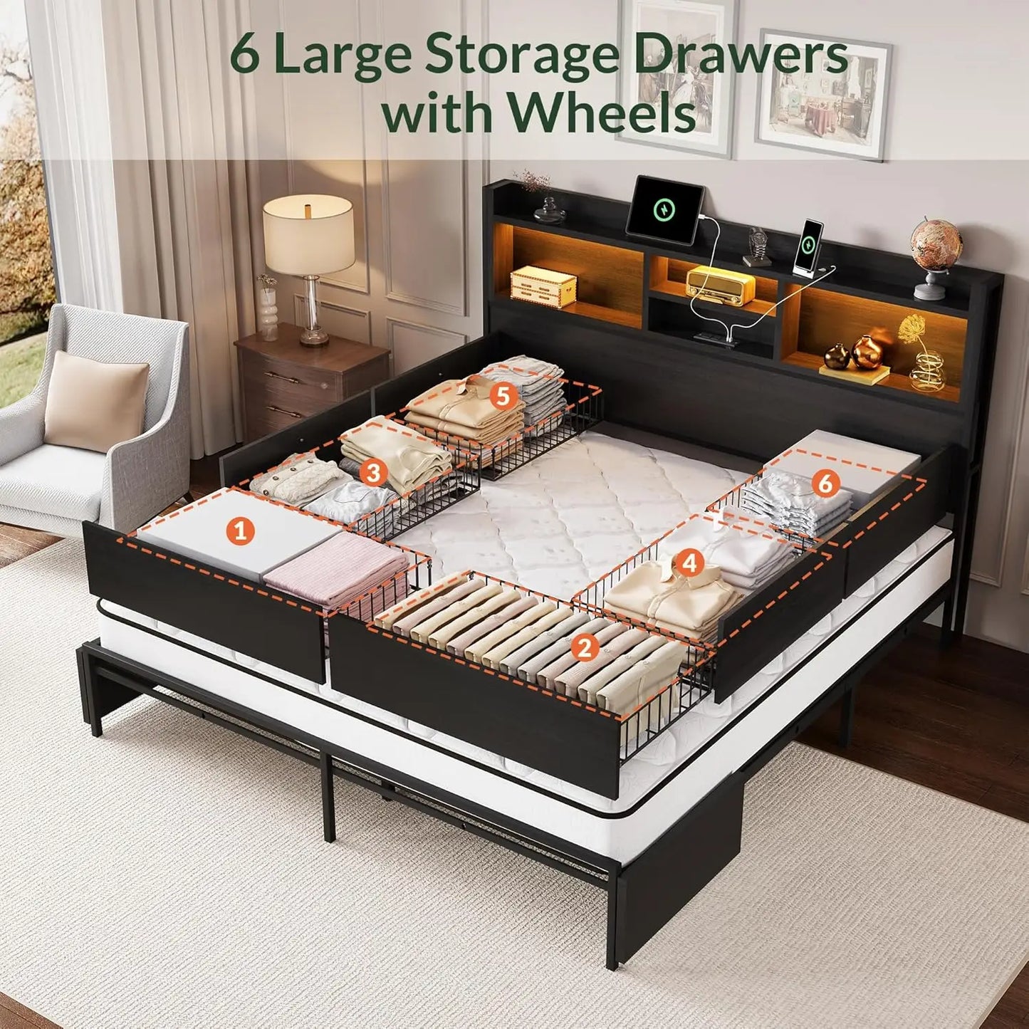 Queen Size Wooden Bed Frame with 6 Drawers, Headboard, LED Lights & Charging Station, No Box Spring Needed,