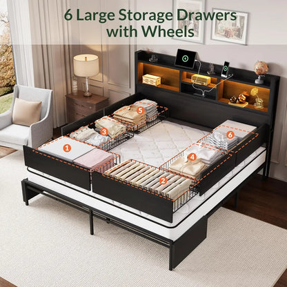 Queen Size Wooden Bed Frame with 6 Drawers, Headboard, LED Lights & Charging Station, No Box Spring Needed,