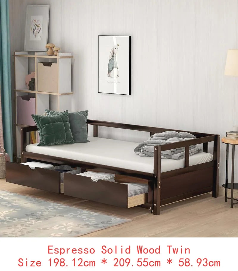 Wooden Daybed with Trundle and 2 Storage Drawers, Expandable Bed/Sofa for Bedroom or Living Room, Espresso Finish