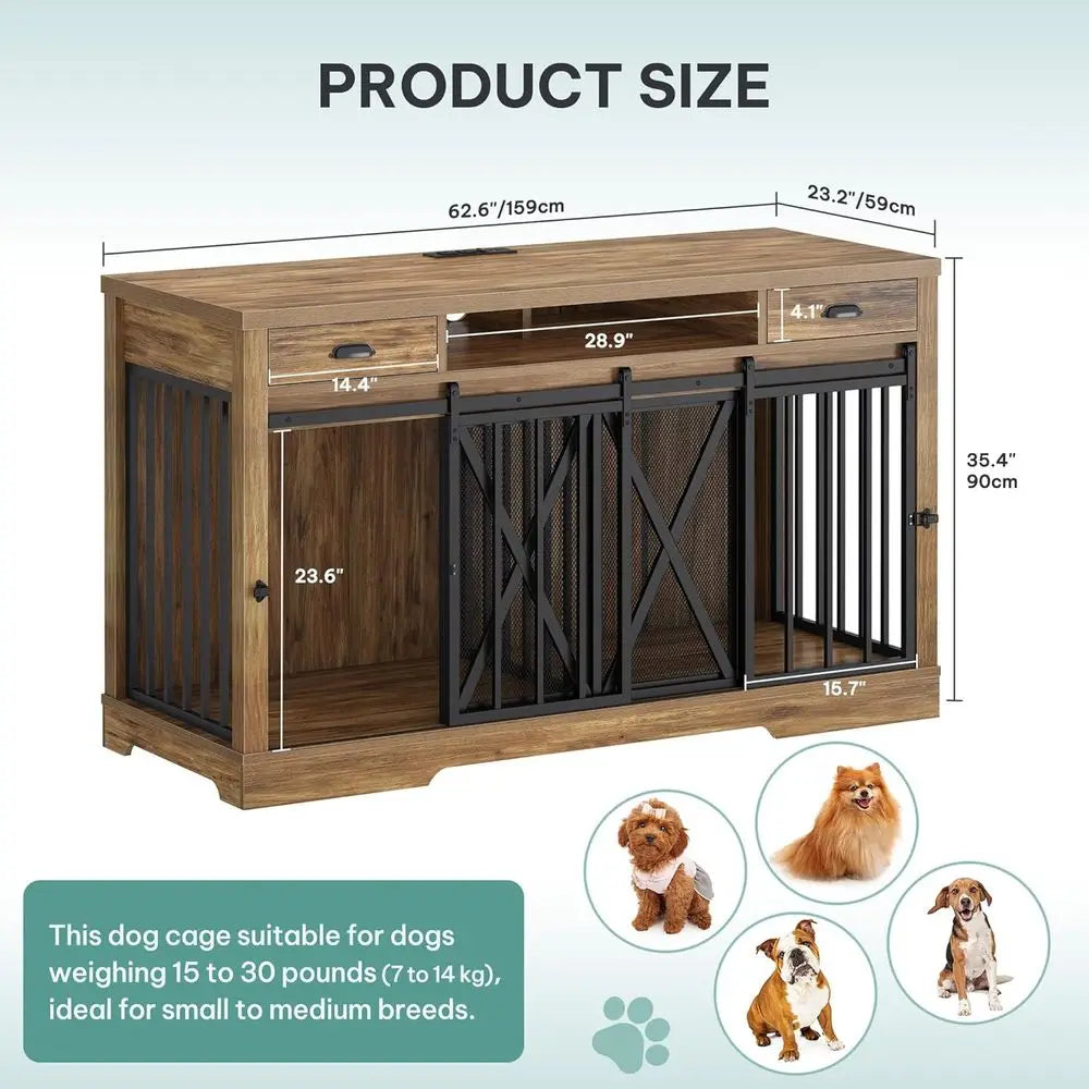 63 Inch Double Dog Crate TV Stand with Charging Station, Heavy Duty Wooden Cage Furniture for 2 Dogs