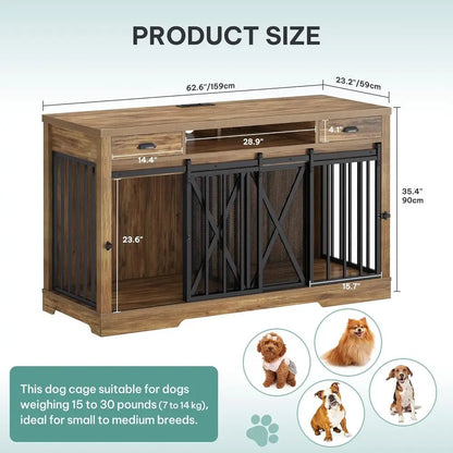 63 Inch Double Dog Crate TV Stand with Charging Station, Heavy Duty Wooden Cage Furniture for 2 Dogs
