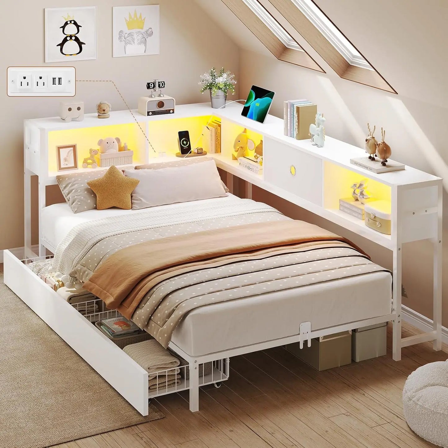 Twin Corner Bed Frame with Bookcase Storage and Led Lights Twin Size Metal Platform Bed Frames with Storage Drawers