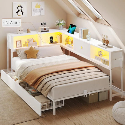Twin Corner Bed Frame with Bookcase Storage and Led Lights Twin Size Metal Platform Bed Frames with Storage Drawers