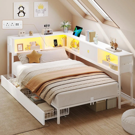Twin Corner Bed Frame with Bookcase Storage and Led Lights Twin Size Metal Platform Bed Frames with Storage Drawers