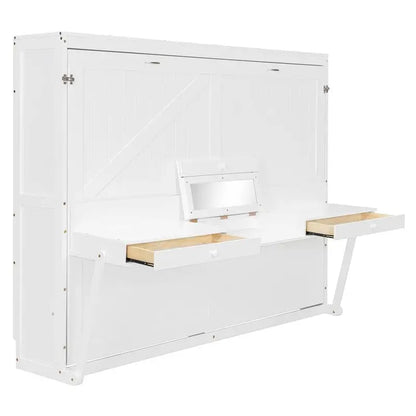 Queen Size Murphy Bed with Storage, Foldable Cabinet Bed with Desk, Center Mirror & 2 Side Drawers, White Finish