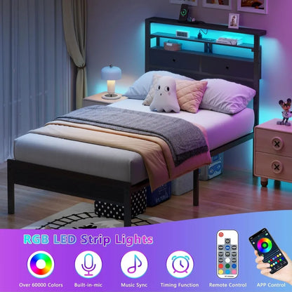 Bed Frames with Charging Station and LED Lights, Wood Headboard with 2 Fabric Drawers and Storage Shelves,,