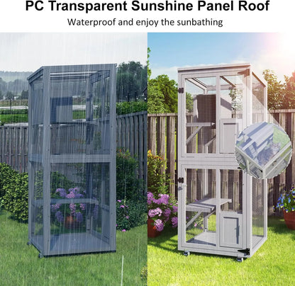 Cat Catio Outdoor Enclosure, 4 Tiers Cat Playpen, Wheels, Resting Box, Waterproof Roof, Large Pet House