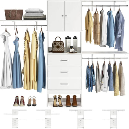 96 Inches Walk In Closet System with Doors & 3 Shelving Towers, Heavy Duty Clothes Garment Rack with 3 Wood Drawers