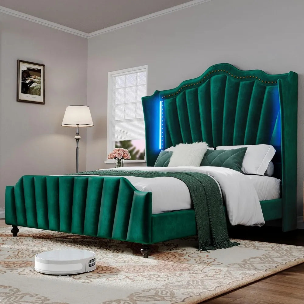 Queen Size Platform Bed Frame with 60" Tall Wingback Headboard and Footboard, Velvet Upholstered Bed with LED Light,