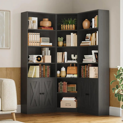 Large Corner Bookshelf with 2 Doors and Storage Cabinets, L-Shaped 7 Tiers Bookcase, 71” Tall