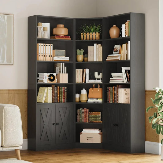Large Corner Bookshelf with 2 Doors and Storage Cabinets, L-Shaped 7 Tiers Bookcase, 71” Tall