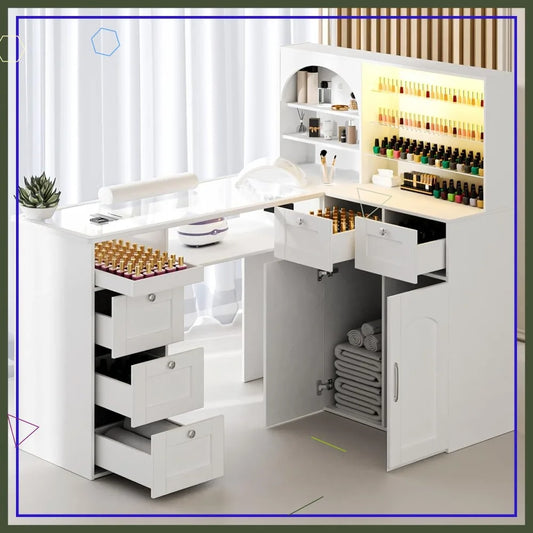 Professional LED Nail Table with USB Ports, Glass Top, Storage Cabinet & Drawers for Salon Manicure Workstation