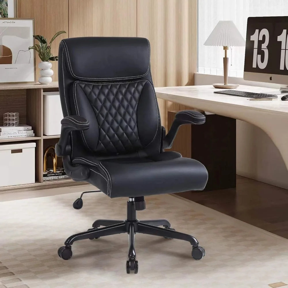 , Ergonomic PU Leather Computer Desk Chair with Lumbar Support, Flip-up Armrests and Adjustable Height