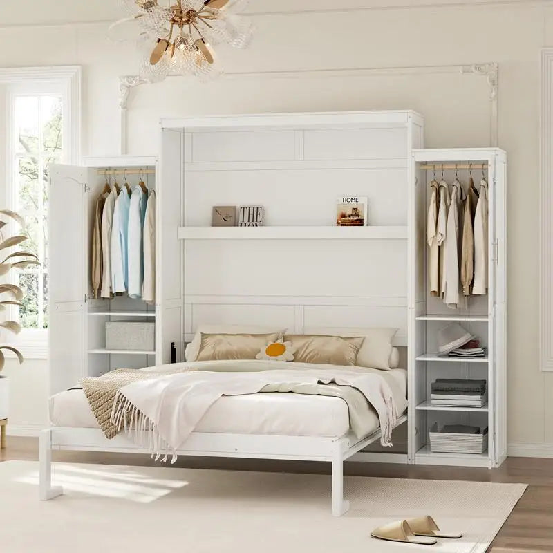 Queen Size Murphy Bed with 2 Wardrobes and Storage Shelf, Multifunctional Foldable Bed Frame